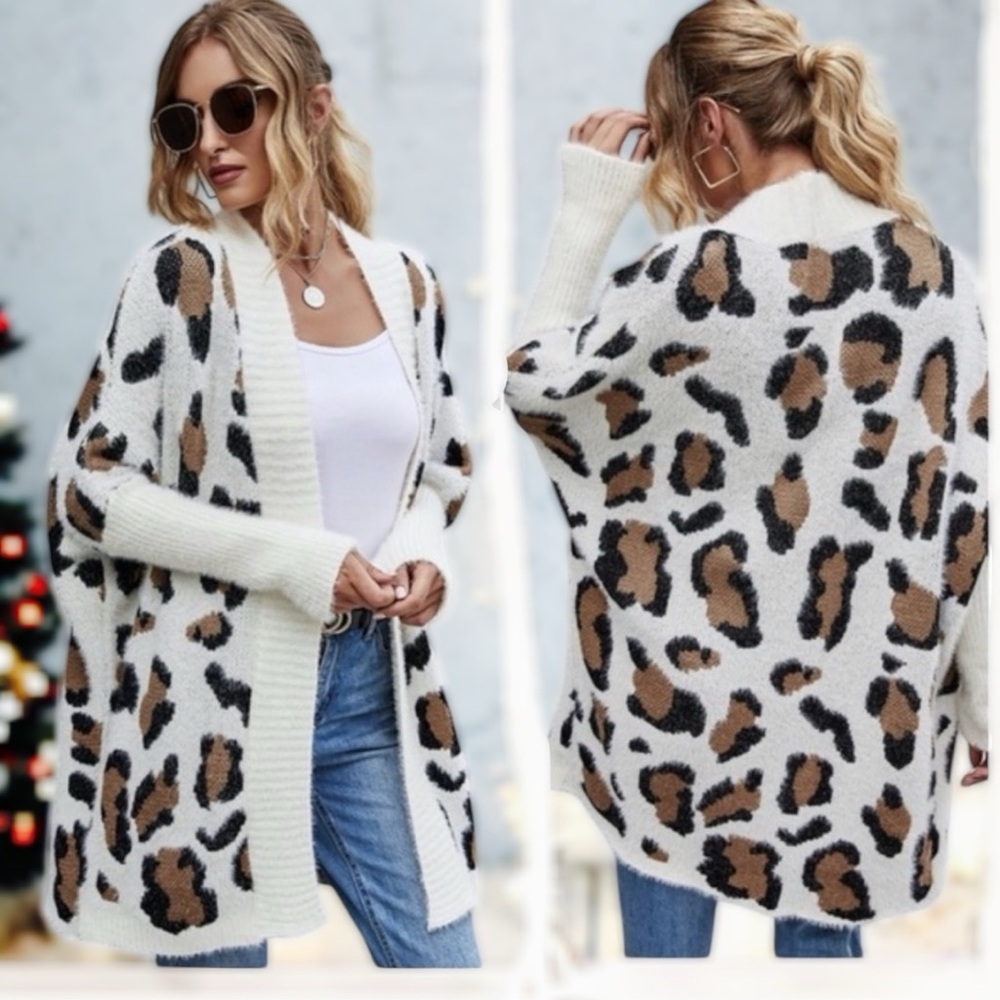 Leopard Print Open Front Cardigan, White/Brown - Picture 9 of 11